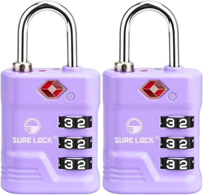 SURE LOCK TSA Approved Luggage Lock – 3-Digit Resettable Combination Padlock with Open Alert Red Dot, Large Easy-Read Dials for Suitcases, Backpacks, Gym & School Lockers(Purple 2 pk) by Hopeyoucanstaysafe
