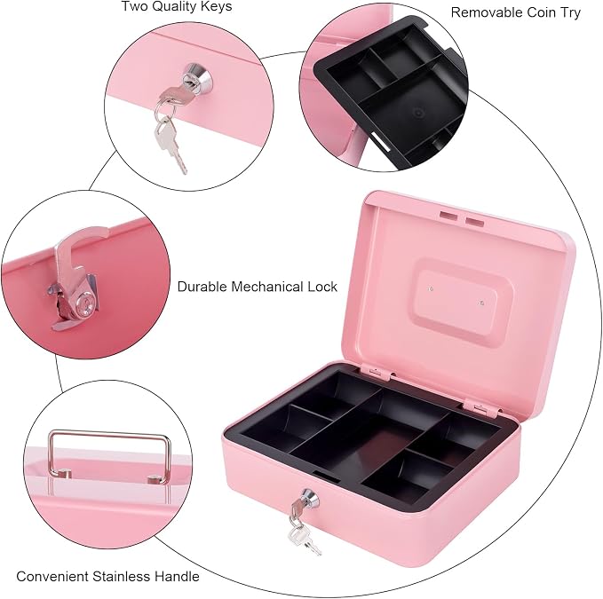 Cash Box with Lock and Money Tray Metal Money Box Large Cash Lock Box for Money 9.84" x 7.87" x 3.54" Pink Larger - Image 3
