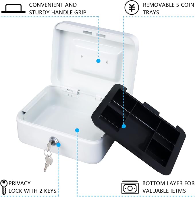 KYODOLED Medium Cash Box with Money Tray,Small Safe Lock Box with Key,Cash Drawer,7.87"x 6.30"x 3.54" White Medium - Image 3