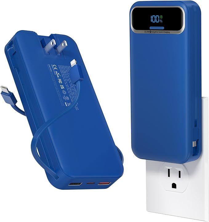 aonidi Portable Charger 20000mAh with Built-in Cables&AC Wall Plug, Navy | PD20W Fast Charging,Travel Essential,TSA Approved,LED Display,All in One USB C Power Bank for All Cell Phones Devices by AONIDI