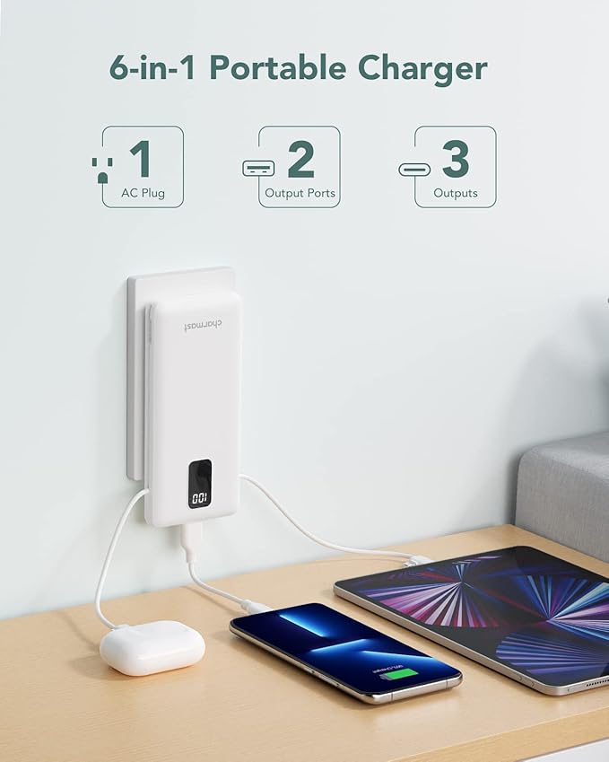 charmast Portable Charger with Built-in Cables and AC Wall Plug | 10000mAh Power Bank with 4 Outputs,USB-C & USB-A Battery Pack,Slim Travel Phone Charger for iPhone,iPad,Samsung,Android - Image 3