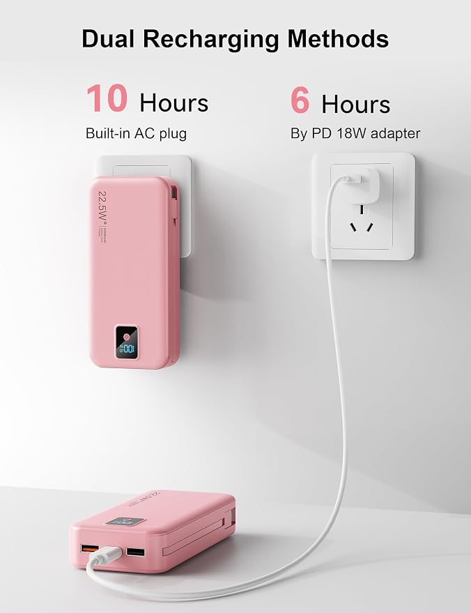 Portable Charger 20000mAh 22.5W w/Built-in Cable & Wall Plug Pink | High capacity, Fast charging, Built-in cables & wall plug, LED display, Charge 5 devices at once, Pass through, TSA approved - Image 8