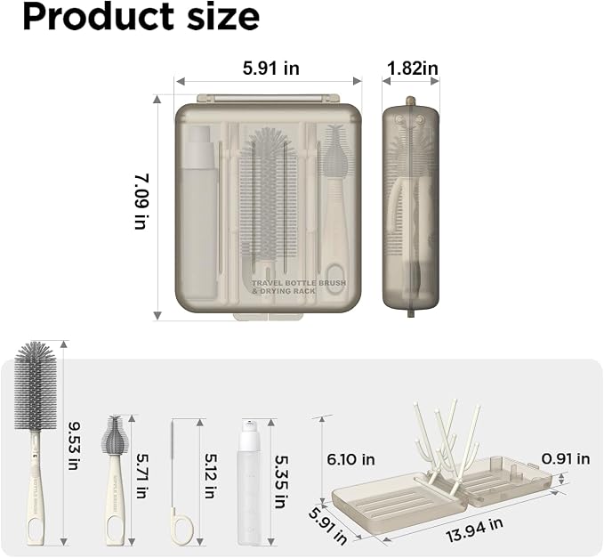 Travel Bottle Brush Set, Foldable Drying Rack, Dispenser | For On-The-Go Parents, 3 Silicone Brushes, Foldable Rack, Dispenser. Drying Slots, BPA-Free. - Image 8