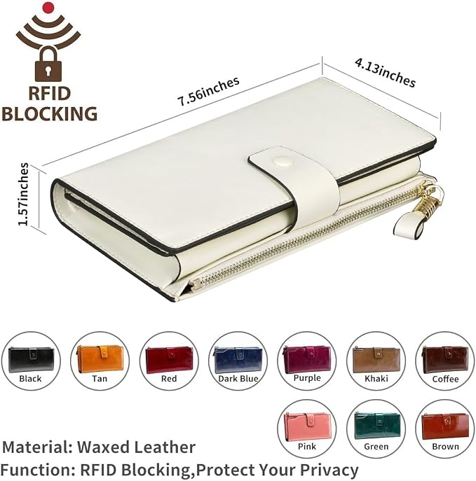 Itslife Womens Wallet RFID Blocking Large Capacity Luxury Wax Genuine Leather Wallets Clutch Wallet Ladies Card holder,Beige - Image 5