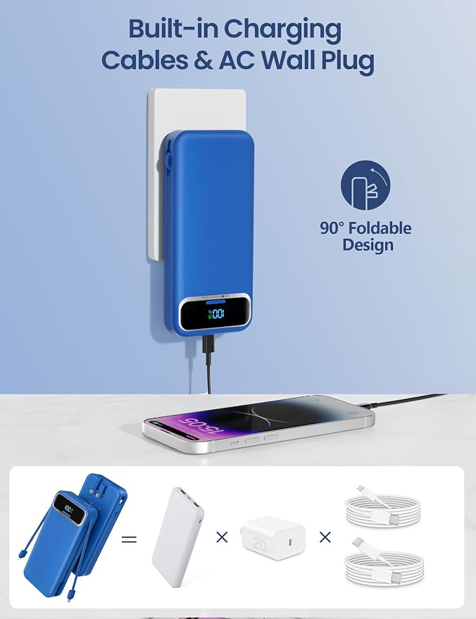 aonidi Portable Charger 12000mAh with Built-in Cables&AC Wall Plug, Navy | PD20W USB C Fast Charging,LED Display External Travel Power Bank,TSA approved Battery Pack for All iPhone,Samsung,Android - Image 4
