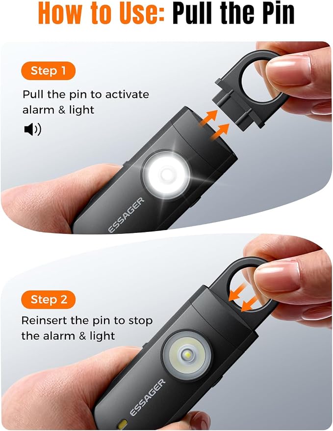 ESSAGER Personal Safety Alarm for Women, 130 dB Self Defense Siren, Rechargeable & Portable with Keychain and Carabiner, Low Battery Notice, LED Strobe Light for Kids, Seniors, College Students(Black) - Image 3