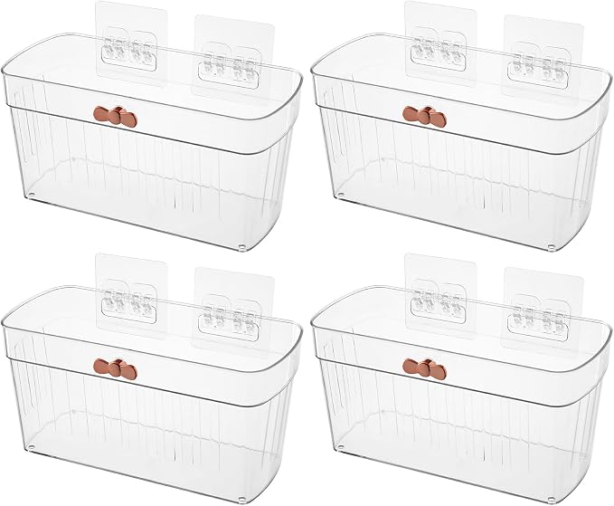 4 Pack Clear Acrylic Small Wall-Mounted Storage Baskets with Adhesive, No Drilling, Hanging Wall Mount Storage Bins for Kitchen, Pantry, Bathroom, RV by Veefos
