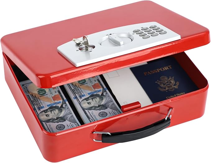 KYODOLED Red Safe Box with Digital Keypad Lock, Lock Box with Code for Personal Items, Metal Security Box for Cash, Passport, Jewelry, Ideal for Home, Office, Garage Sale, 11.8'' x 9.4'' x 3.5'' by KYODOLED