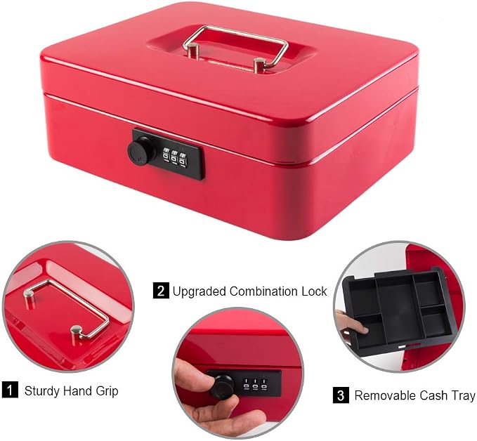 KYODOLED Large Cash Box with Combination Lock Safe Metal Money Box with Money Tray for Security Lock Box 9.84"x 7.87"x 3.54" Red Large - Image 2