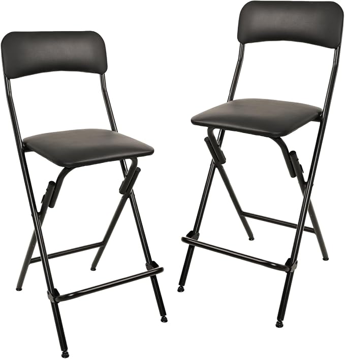 Amazon Basics Folding Bar Stool with Footrest, Portable, Sturdy, Space-Saving Storage, 300lb Capacity, 24" Height, Black, Set of 2 by AmazonBasics