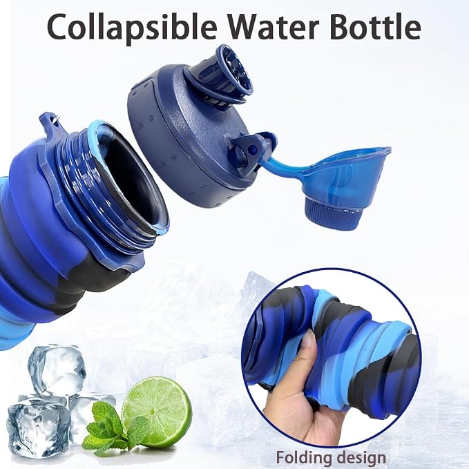Silicone Collapsible Water Bottles, 16oz(500ml) Portable Foldable Expandable Water Bottle Sports Cups, Leak Proof Reusable BPA Free, for Outdoor Activities (Blue-A) - Image 3