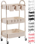 3 Tier Khaki Metal Utility Rolling Cart, Storage Cart with Lockable Wheels | Multifunctional Organizer Trolley with Mesh Storage Baskets and Handle for Kitchen, Office, Living Room, Laundry, Garage,Dorm by Recximi