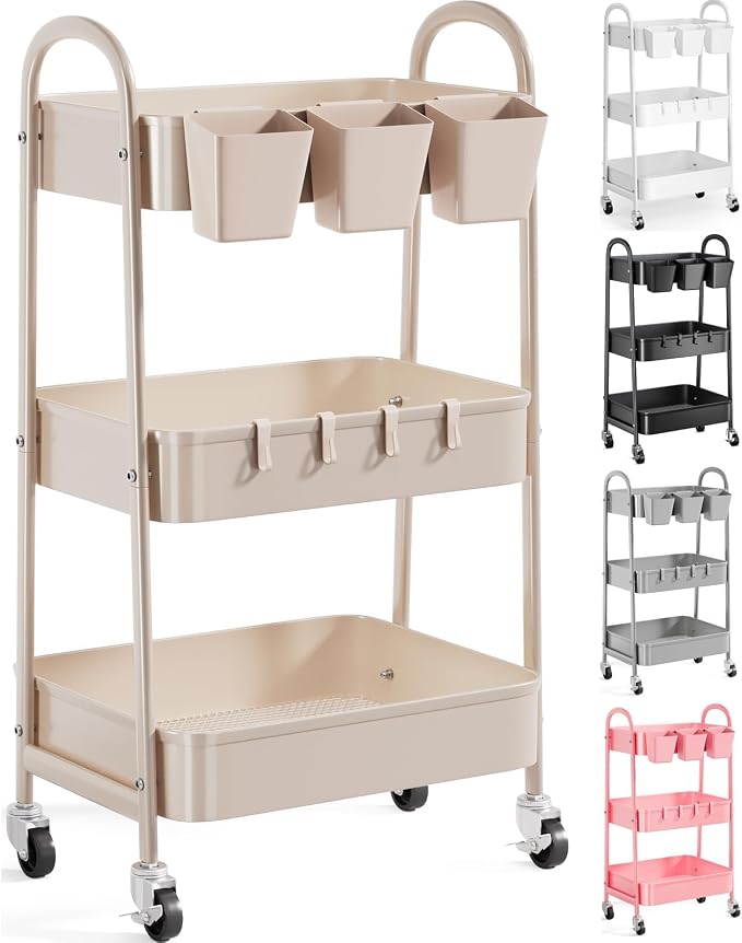 3 Tier Khaki Metal Utility Rolling Cart, Storage Cart with Lockable Wheels | Multifunctional Organizer Trolley with Mesh Storage Baskets and Handle for Kitchen, Office, Living Room, Laundry, Garage,Dorm by Recximi