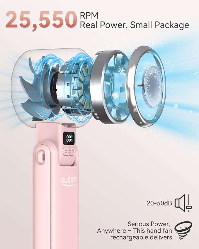 Portable Fan, Handheld Fan, Small Fan with Turbo & Ice Cooling, Hand Fan 5-Speed 4000mAh Rechargeable, 3-in-1 Foldable Personal Travel Fan, Lightweight for Beach Vacation, for Women Girl-Pink - Image 3