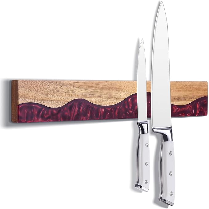 Magnetic Knife Holder for Wall 16 Inch, Acacia Wood Epoxy Resin Magnetic Knife Strip Bar, Powerful Magnet Kitchen Knife Storage Rack, Space-Saving Wall Mounted Organizer ("Ruby" Red Resin) by ENOKING