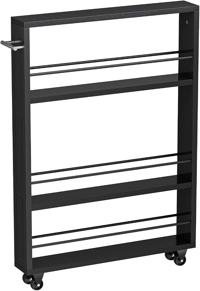 KLM Rolling Storage Cart 4-Tier Black Kitchen Cart with Wheels, Slim Storage Cart with Handle Slide Out Utility Cart Shelving Unit Organizer Trolley for Laundry Narrow Places Bathroom Small Corner - Image 7