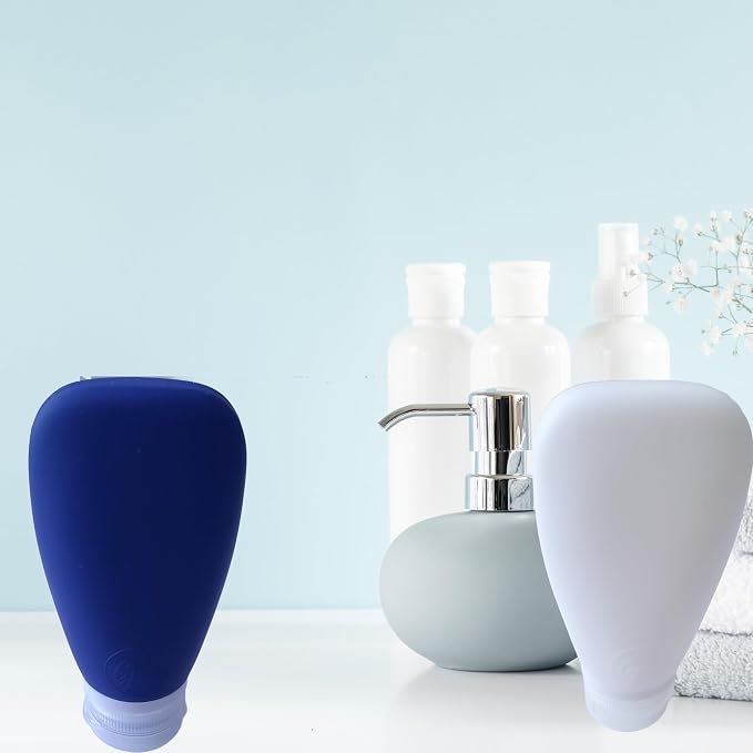 Travel Bottles for Toiletries, TSA Approved 3oz Leak Proof Silicone Refillable Squeeze Travel Size Containers BPA Free for Cleansers, Lotions, Shampoo 2pk (Navy Blue-White) - Image 2