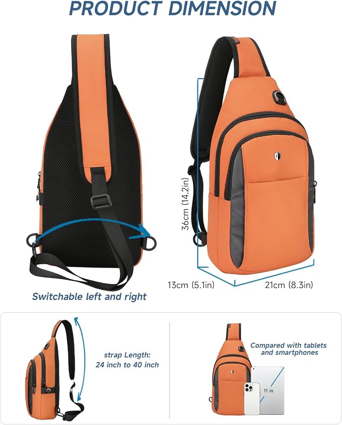 Anti-Theft Sling Bag for Women&Men, Water Resistant Crossbody Bag Mini Backpack, Lightweight Travel Hiking Chest Pack, Built-in Audio Port, Reversible Strap, Fits 11 inch iPad & Switch 2 - Image 4