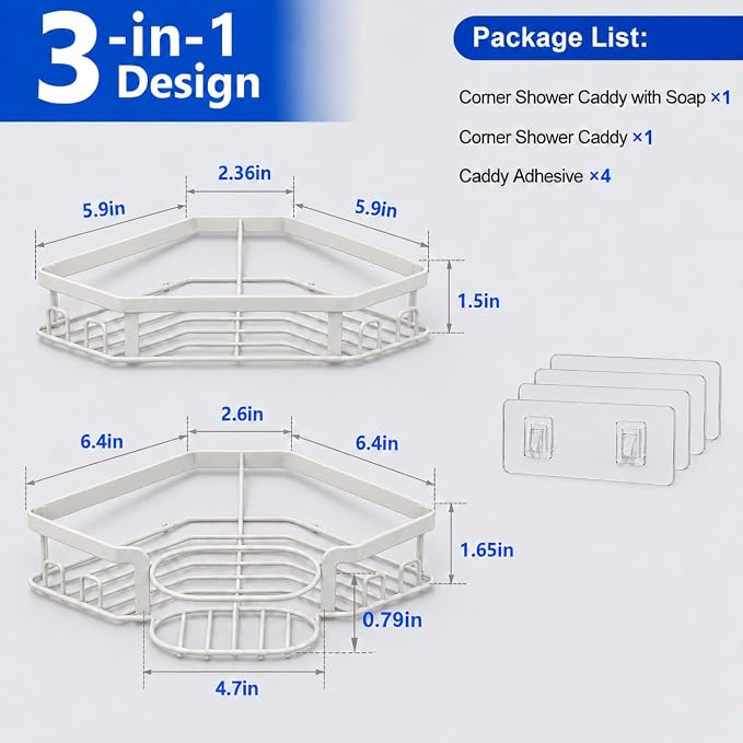 Corner Shower Caddy, Rustproof Shower Organizer with Soap Holder and 8 Hooks, No Drilling Adhesive Shower Shelves for Inside Shower, Large Capacity Shower Rack for Bathroom Shower Storage, White - Image 2