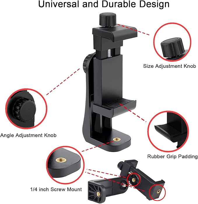 Cell Phone Tripod Mount Adapter, Universal Phone Holder Adjustable Clamp, 360 Degree Rotatable Bracket 1/4" Screw Clip for iPhone, Samsumg, Selfie Stick, Monopod (Black-2 Pack) - Image 3