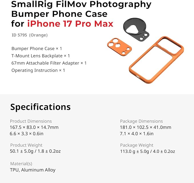 SMALLRIG FilMov Bumper Phone Case for iPhone 17 Pro Max, Hollow Back Design with Lens Backplate, 67mm Filter Adapter Compatible with Phone Gimbal Stabilizers, for DJI for Insta360, Orange- 5795 - Image 9