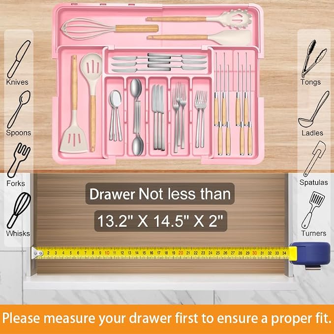 Homecor Silverware Organizer - Expandable Large Kitchen Drawer Organizer Utensil Organizer with 2 Knife Block Inserts, 22"x 19"Cutlery Tray with Drawer Dividers for Kitchen Flatware (Pink) - Image 6