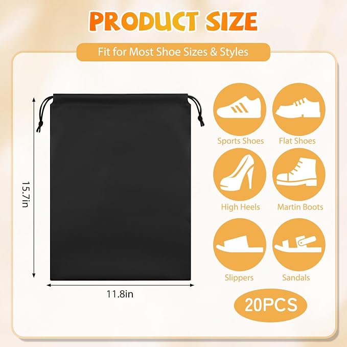 Shoe Bags for Travel, 15.7" x 11.8" Travel Shoe Bags for Packing, Large Waterproof Portable Drawstring Travel Shoe Storage Bag Travel Essentials Women for and Men (Black) - Image 2