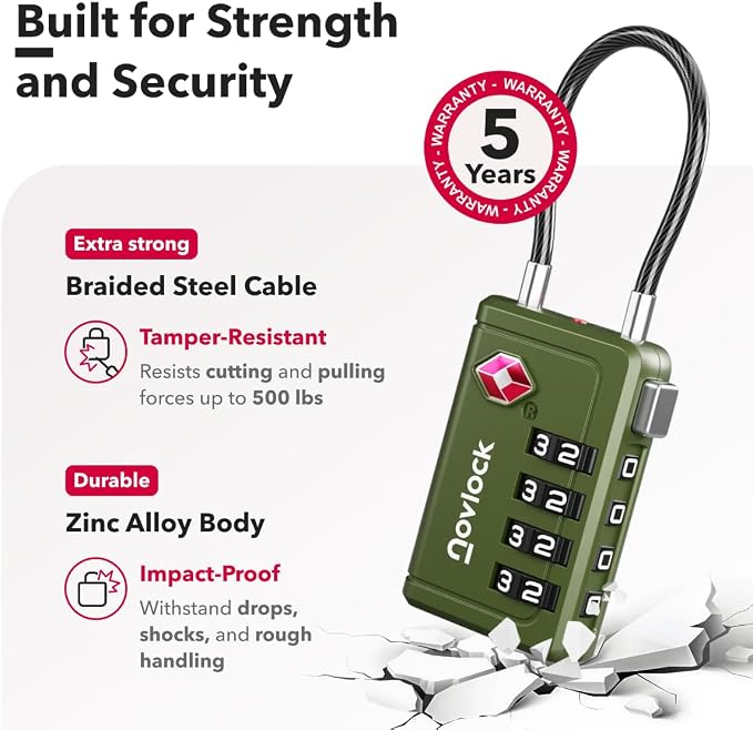 TSA Approved Luggage Locks, Travel Locks with Inspection Indicator | TSA008, Easy to Read Dials, 4 Digit Combination, Flexible Steel Cable, for Suitcases, Backpacks, Bags, 2-Pack, Green - Image 4