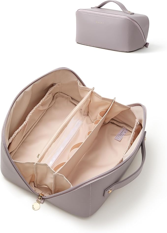 EACHY Travel Makeup Bag for Women, Flat Open Cosmetic Bag, Purple, Large | Flat-open cosmetic organizer with pockets and clear TPU brush compartment for makeup, toiletries and travel essentials by EACHY