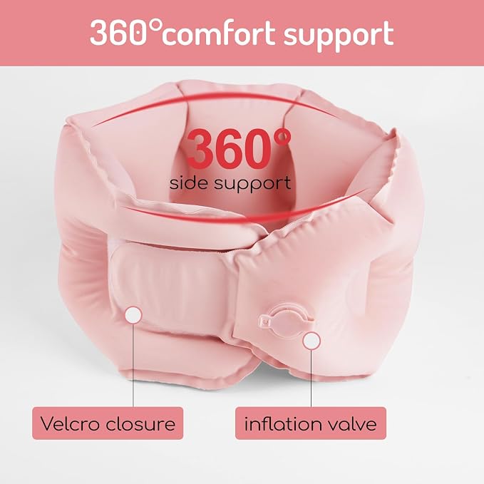 Inflatable Travel Neck Pillow, U-Shape, Dark Gray Nylon, Portable for Airplane, Train, Car, Office Use, Adult Size (Pink) - Image 7