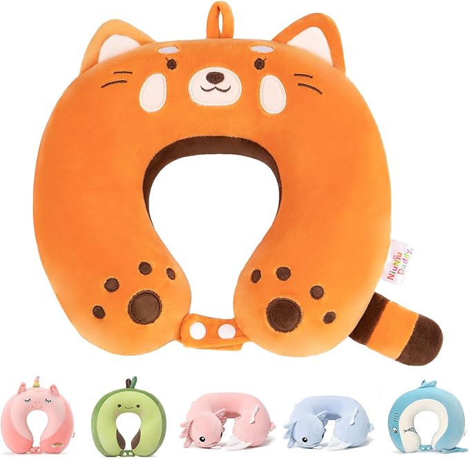 Kids Travel Neck Pillow for Ages 3-8 with Memory Foam, Red Panda | Removable cover, 13 in neck size, machine washable, hidden zipper, head and chin support, car seat and airplane use by NiuniuDaddy