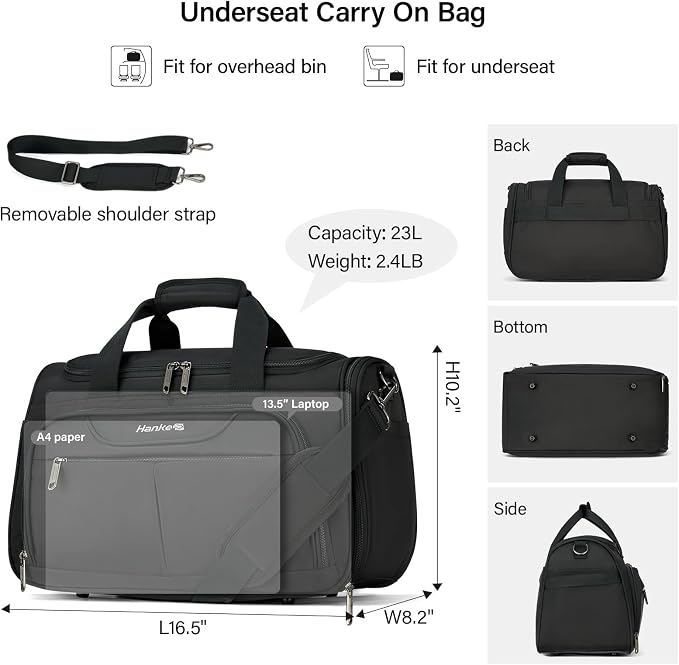 Hanke Small Underseat Carry On Luggage Bags for Travel with 10 Pockets. | Airline Approved Foldable Personal Bag w/ Luggage Sleeve; Tote Duffle & Bento Bag, Flight Attendant Weekender for Men & Women - Image 2