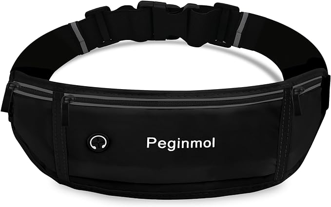 Slim Running Belt Fanny Pack, Waist Pack Bag for Women Men, Running Pouch for Phone Waterproof Reflective with 3 Pouches, Running Phone Holder for Sports, Traveling (Black) by Peginmol