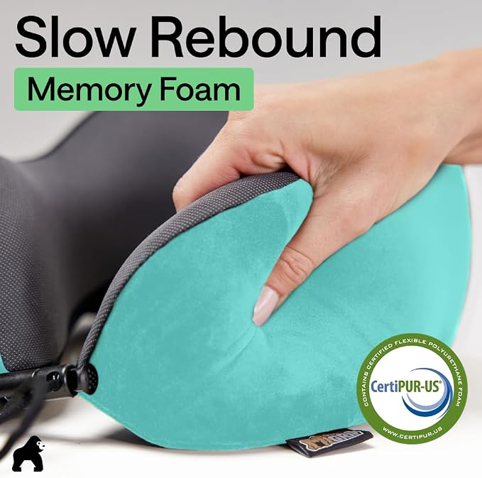 GORILLA GRIP Adjustable Travel Neck Pillow for Airplanes, CertiPUR-US® Memory Foam, Soft Velvet, Cooling Mesh Pillows, Support Headrest for Sleeping, Traveling Essentials, Flight Accessories Turquoise - Image 6