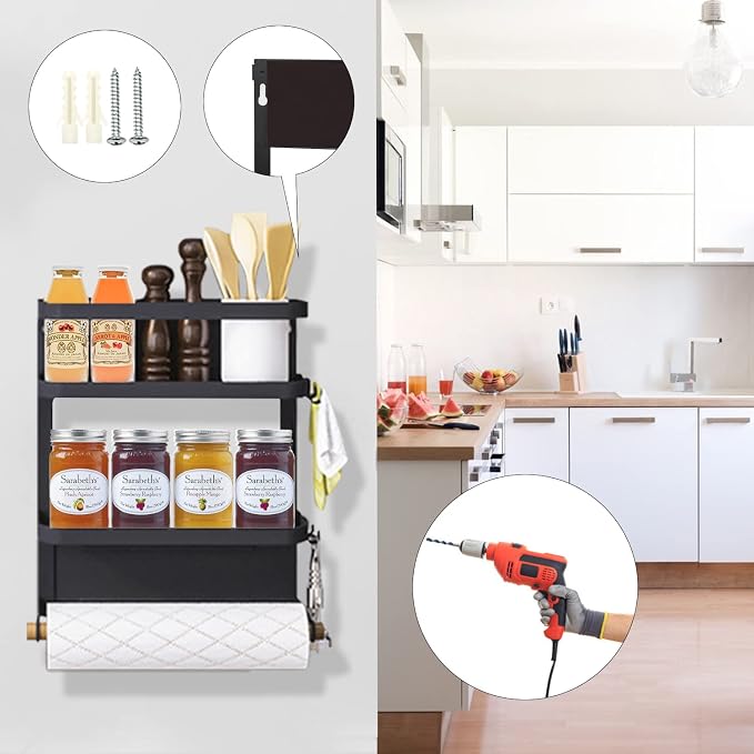 Magnetic Spice Rack for Refrigerator Magnetic Paper Towel Holder for Fridge Magnetic Shelf Magnetic Shelves Fridge Magnet Organizer Spice Rack Kitchen Organization Kitchen Storage Black - Image 5