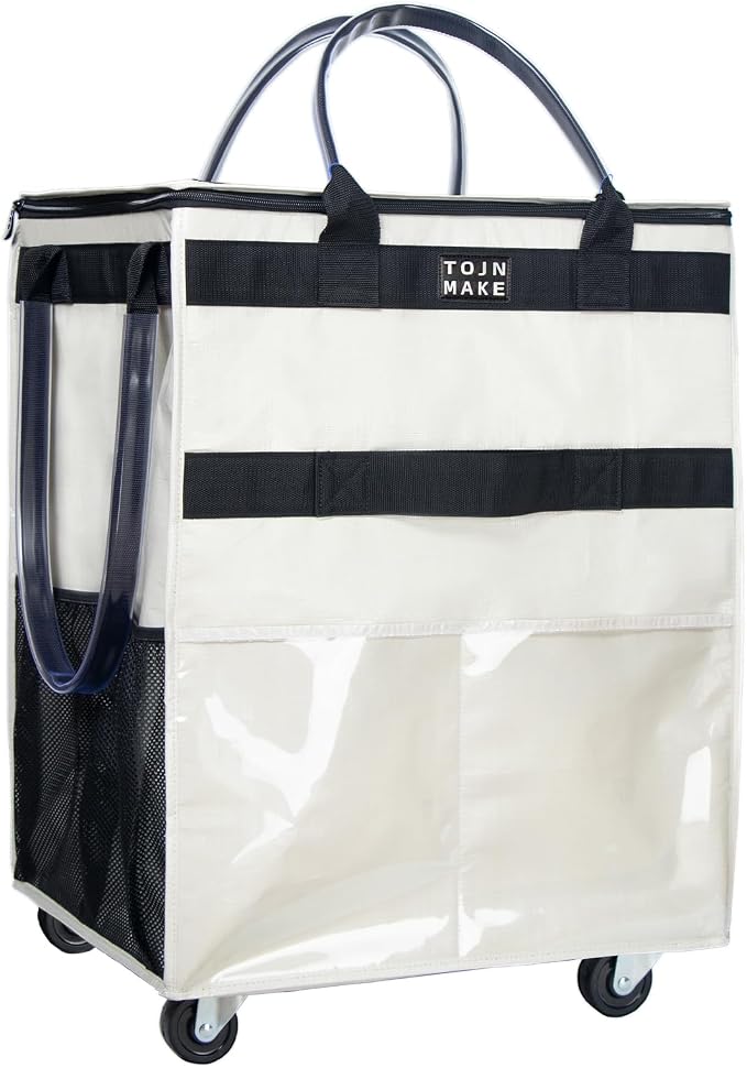 Reusable Grocery Bag On Wheels Shopping Trolley with 8 Pockets and Zipper Cover Foldable Rolling Tote, Heavy Duty Handles, Carries Up to 66 LBS (Large, Beige) by TOJNMAKE