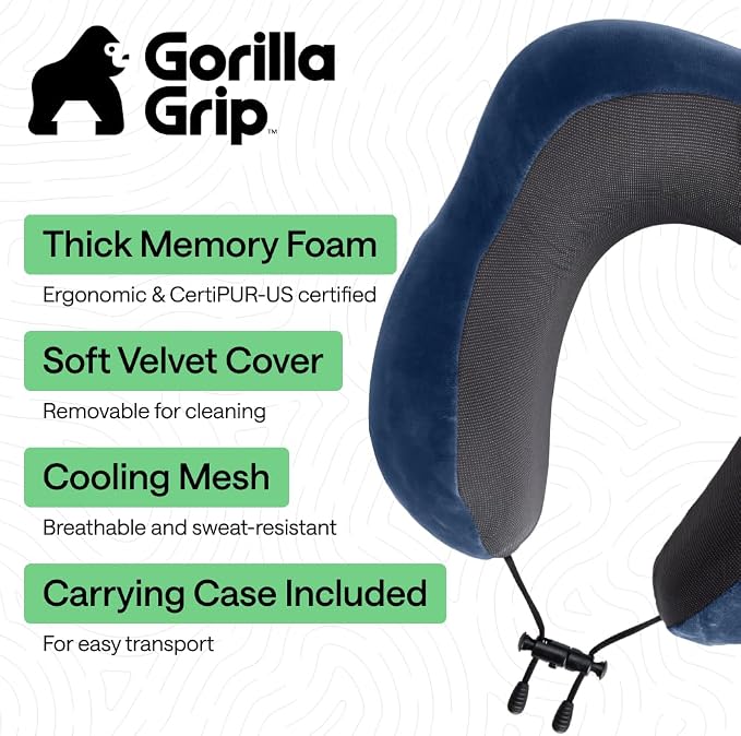 GORILLA GRIP Adjustable Travel Neck Pillow for Airplanes, CertiPUR-US® Memory Foam, Soft Velvet, Cooling Mesh Pillows, Support Headrest for Sleeping, Traveling Essentials Flight Accessories Navy Blue - Image 2