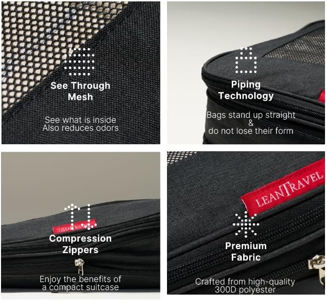 LeanTravel Premium Compression Packing Cubes for Travel - Suitcase Organizer Bags with Double Zipper & Breathable Mesh Panel - Space Saving Carry On Luggage Essentials (3-Pack, Black) - Image 4