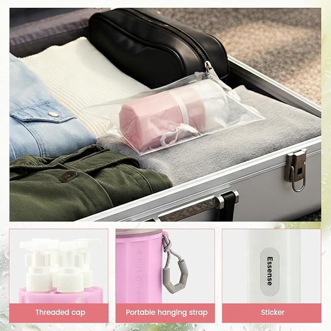 4 in 1 Wall Suction Travel Dispenser Bottles, TSA Approved Leak Proof Travel Size Toiletries Containers with Funnel Labels Bag, Refillable Shampoo Dispenser Kit, Pink - Image 5