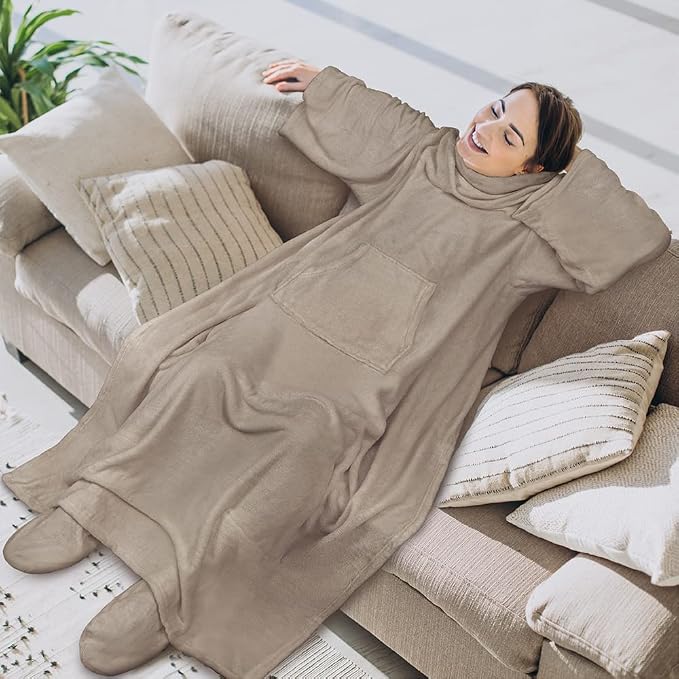 PAVILIA Fleece Blanket with Sleeves, Foot Pockets for Women Men Adults, Plush Wearable Blanket Throw Wrap, Warm Snuggle Blanket Robe, Cozy Gift Ideas Wife Mom, Taupe Beige - Image 3