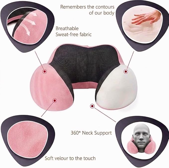 Airplane Travel Neck Pillow, 100% Memory Foam Ergonomic Neck Support, Airplanes Neck Pillow with Washable Cover Travel Essential for Flight Car & Office Includes Eye Masks, Earplugs & Carry Bag (Pink) - Image 2