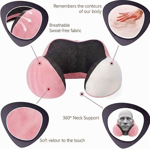 Airplane Travel Neck Pillow, 100% Memory Foam Ergonomic Neck Support, Airplanes Neck Pillow with Washable Cover Travel Essential for Flight Car & Office Includes Eye Masks, Earplugs & Carry Bag (Pink) - Image 2