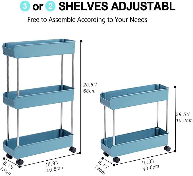 Melody House 3-Tier Slim Mobile Shelving Unit on Wheels, Slide Out Rolling Bathroom Storage Organizer, Utility Carts Shelf Rack for Kitchen Bathroom Laundry Room Narrow Places, Navy Blue - Image 3