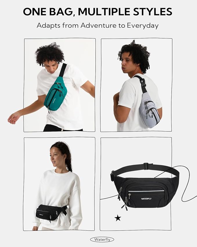 WATERFLY 3.5L RFID Fanny Pack: Anti-Theft 12" Extender Belt for Travel | Large Capacity Multi-Pocket, Water-Resistant Nylon, Reflective Strips, Breathable Padding, Hiking Walking Daily, Women Men - Image 7