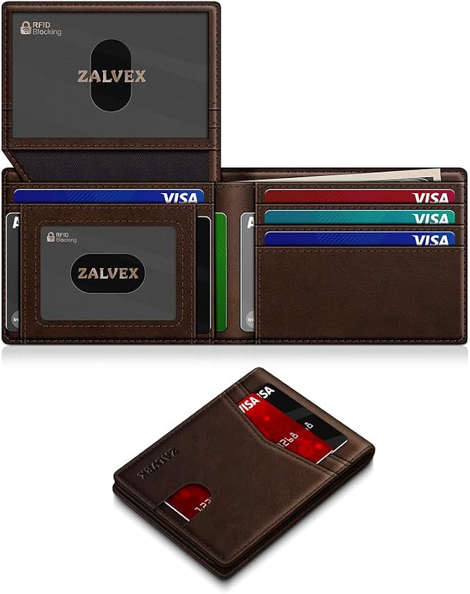 Wallet for Men Slim RFID Blocking Leather Credit Card Holder Wallet for 14 Cards, Bifold Minimalist Thin Wallet with 2 ID Windows & Cash Slot, Front Pockt Carteras Para Hombres, Birthday Gifts for Men | 14 Cards Bifold Minimalist Thin Wallet with 2 ID ... by ZALVEX