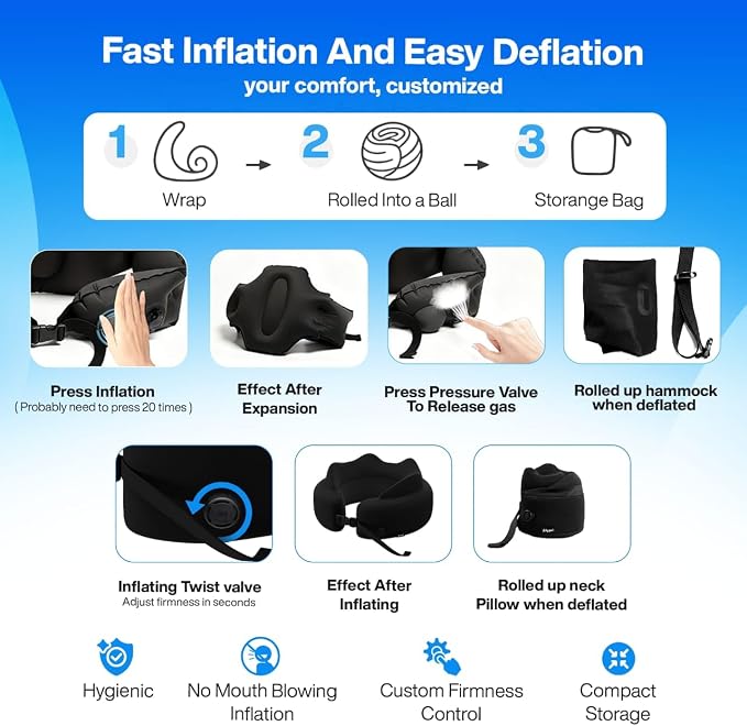 4-in-1 Travel Set – Inflatable Neck Pillow, Convertible Lumbar Support & Foot Hammock, 3D Sleep Mask & Ear Plugs – Complete Comfort Kit for Airplane, Office & Car – Gift-Ready (Black) - Image 6