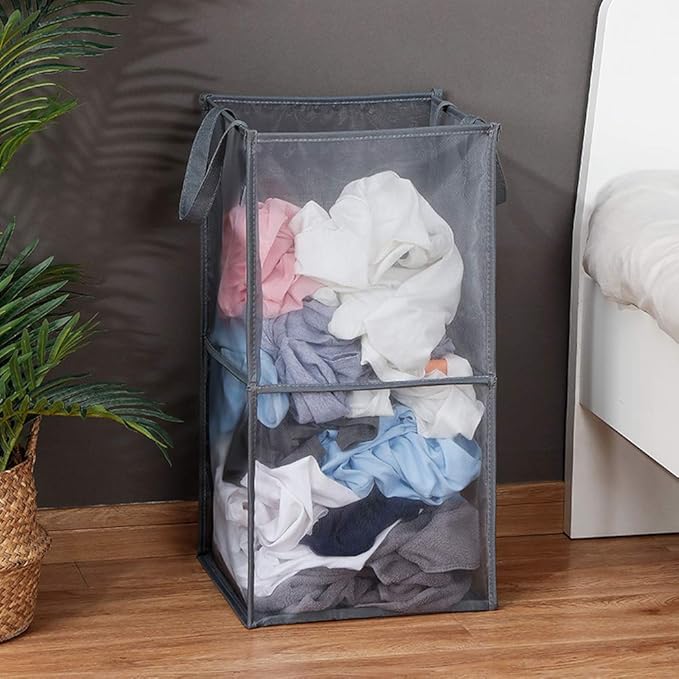 HONOMA Laundry Bags Hamper Bag with Handles,Portable & Collapsible Dirty Clothes Mesh Basket Foldable for Washing Storage, Kids Room,Dorm or Travel (Black,Double-Layer) - Image 2