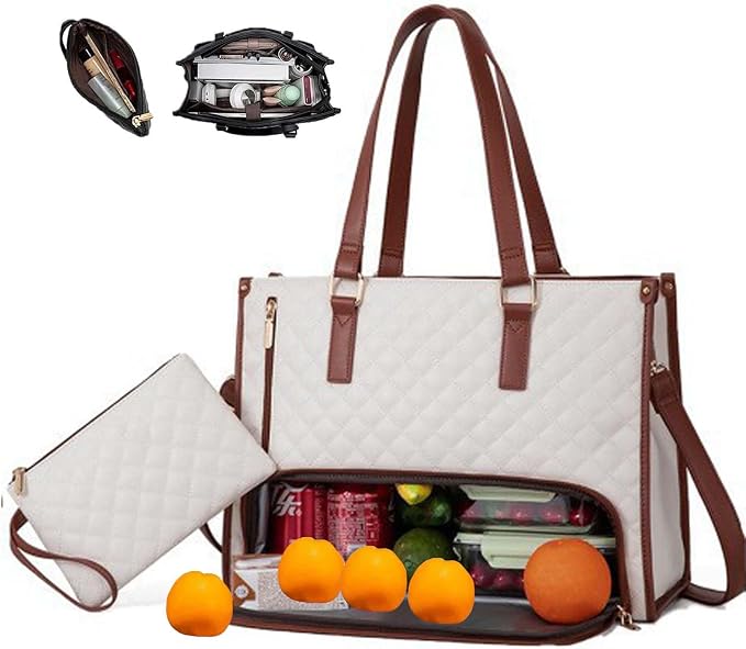 2 in 1 Tote Bag Lunch Bag Combo,Lunch Tote Bag for Women, Large Convertible Laptop Work Handbag for Women (White Brown) by Unknown