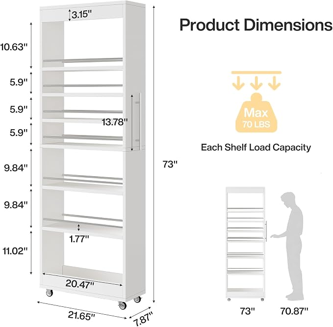 Tribesigns 73" Tall Slim Storage Cart on Rubber Wheels, 7-Tier Narrow Pantry Cabinet, Rolling Skinny Spice Rack Organizer Next to Fridge, Wooden Pull-Out Storage Shelf for Kitchen Small Spaces, White - Image 2