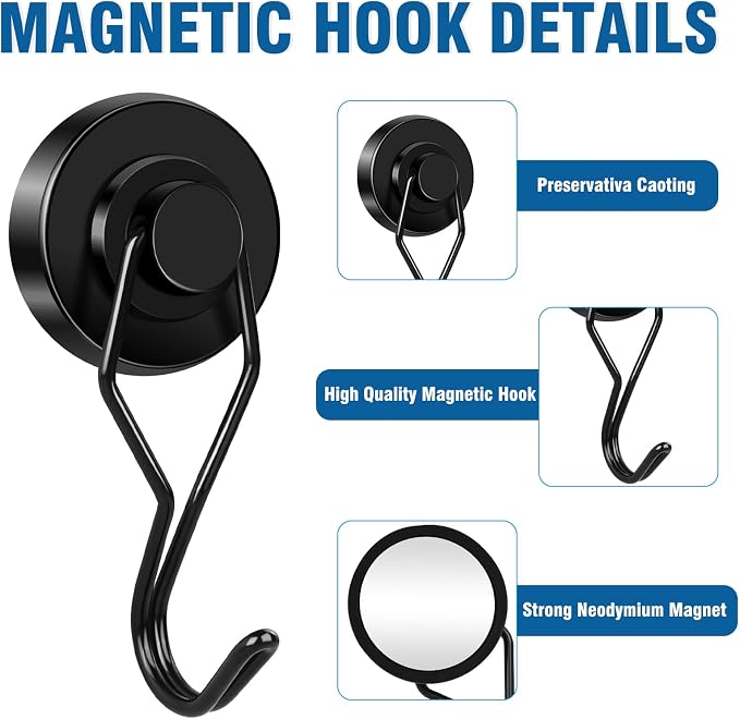 Swivel Swing Magnetic Hook 120LBS Heavy Duty Magnet Hook 10 Pack | Strong Neodymium Magnets for Refrigerator Other Surfaces 67.5mm(2.66in) in Length Black - Image 7